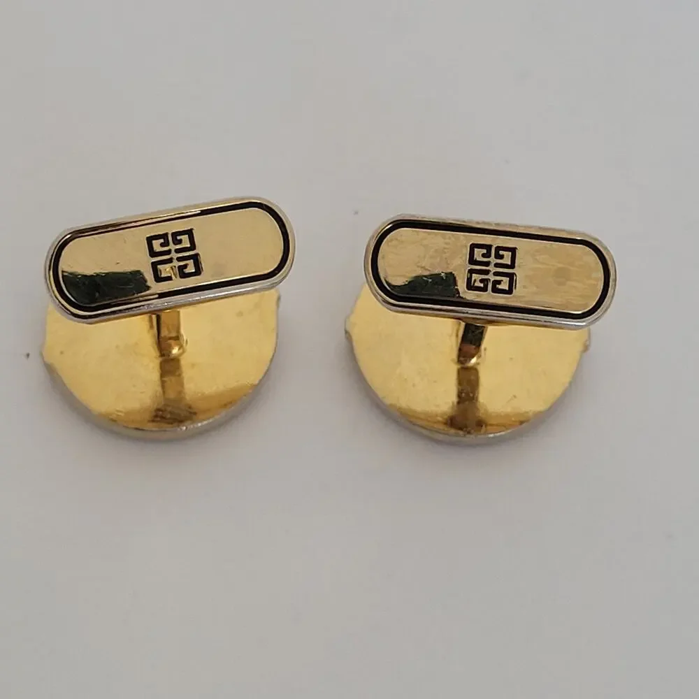 Givenchy Cufflinks Set Gold Silver Tone Logo Vintage Round Buttons Retro Whale